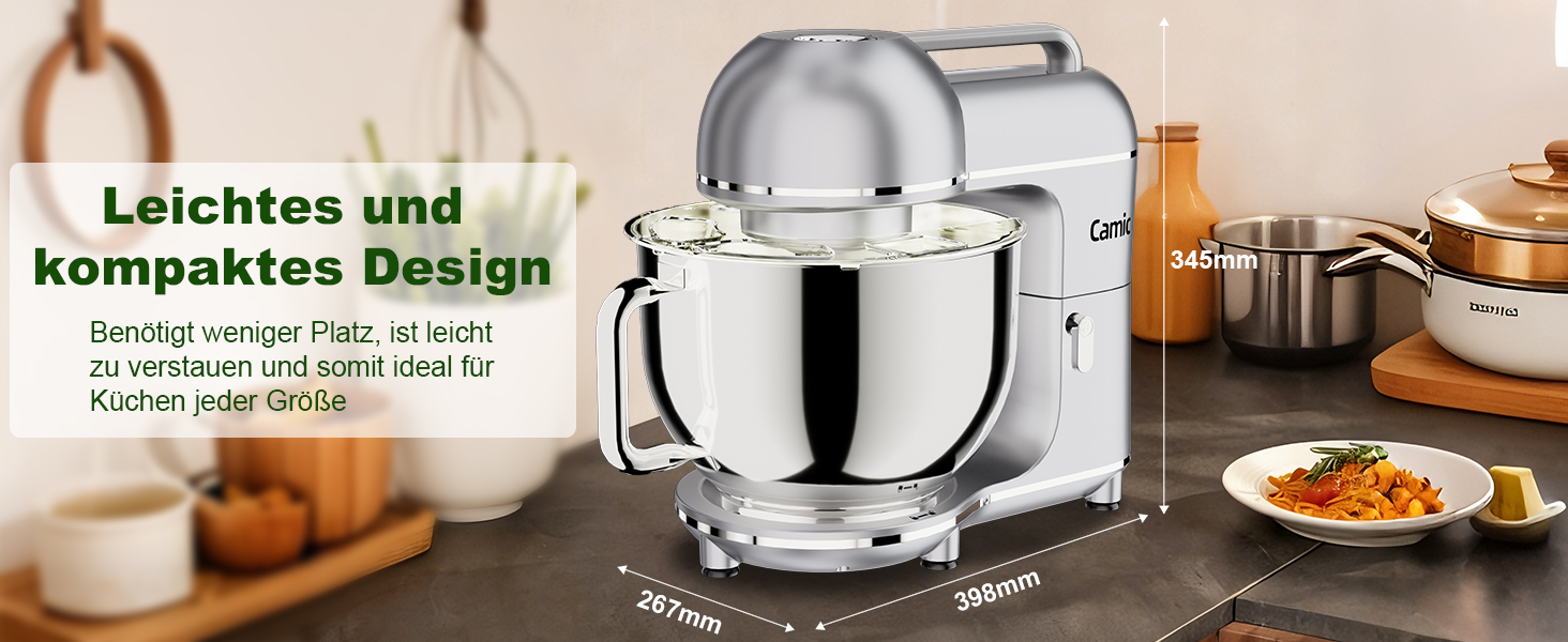 Кухонна машина Camic 2000W: планетарний міксер з чашею з нержавіючої сталі 7л, 10 швидкостями, набором насадок та захистом від бризок, сріблястий