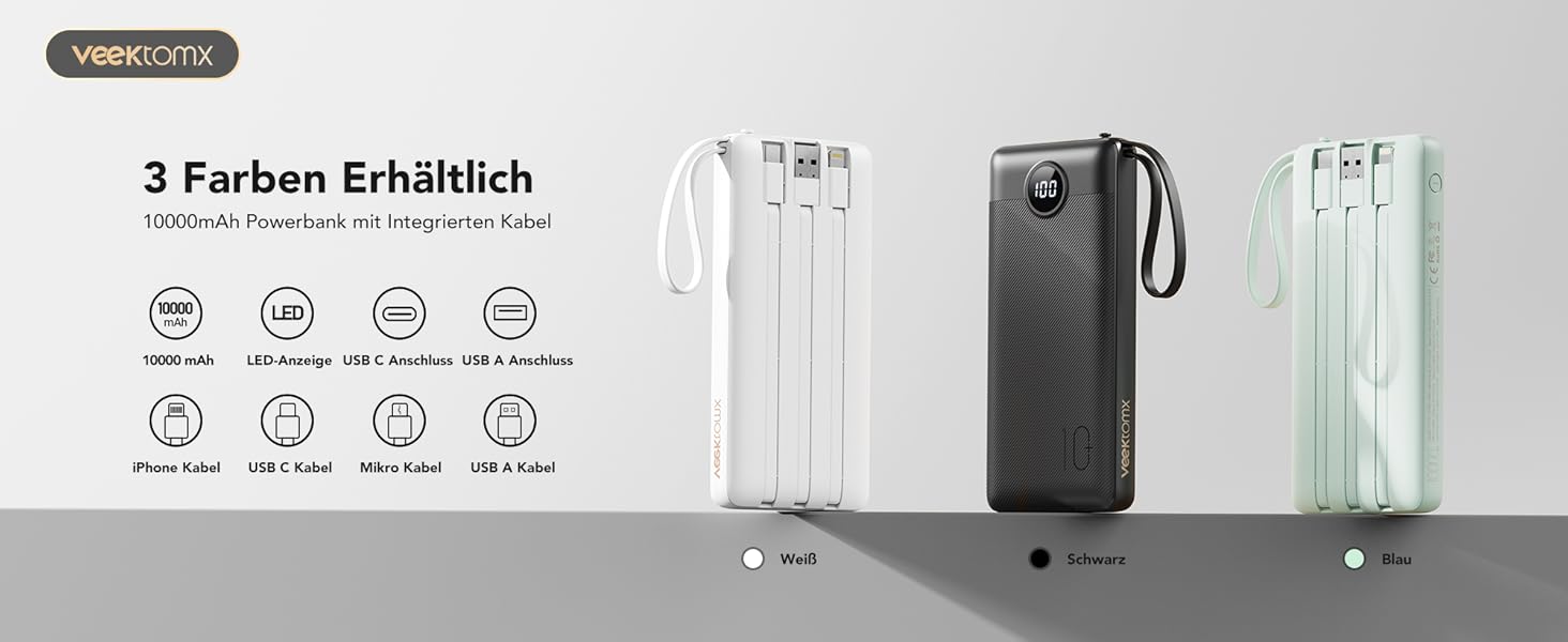 Power Bank 10000mAh з 5 виходами та 2 входами, LED дисплеєм та вбудованими кабелями. Сумісний з iPhone, iPad, Samsung, Xiaomi, Google Pixel. Чорний