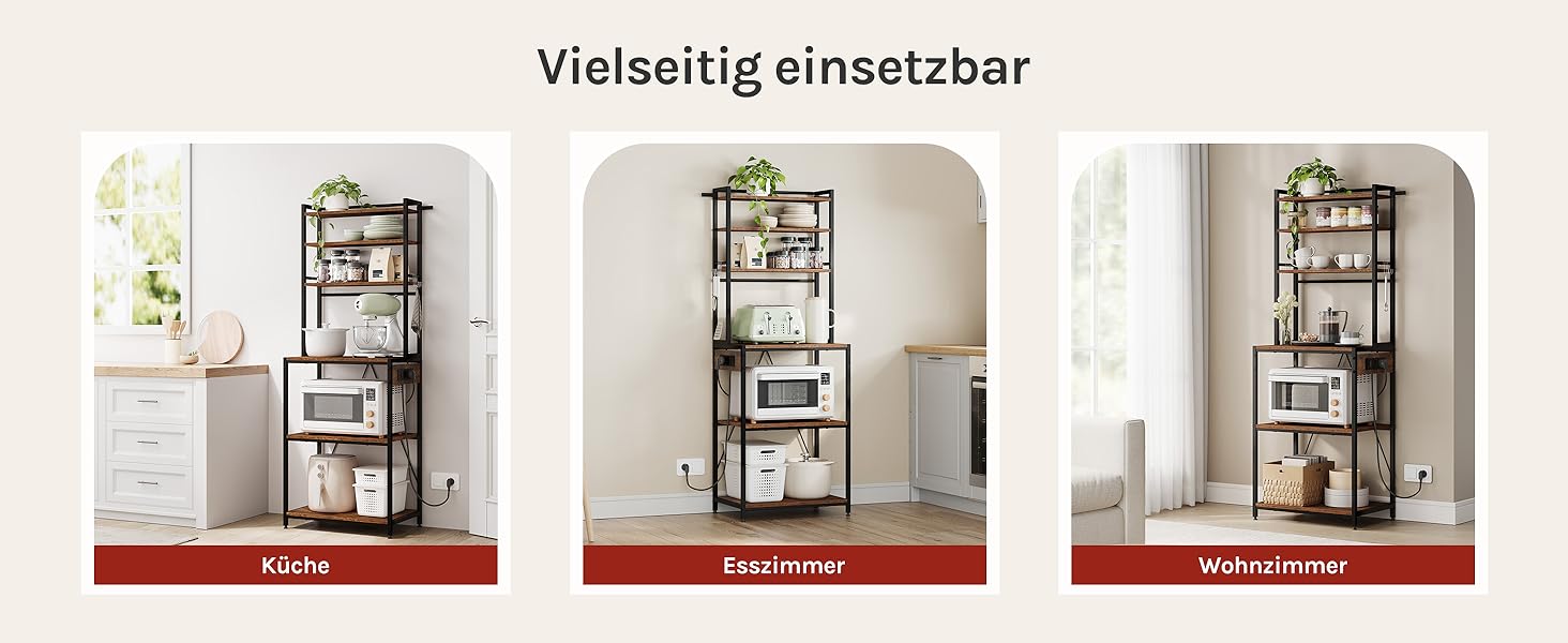 Кухонна полиця WOLTU з 6 ярусами та розетками, мікрохвильова полиця з 6 гачками, полиця пекаря з металевим каркасом, регульовані полиці, Чорний+Рустикальне коричневий, 60 x 167 x 40 см, Чорний+Вінтажний коричневий 60 x 39,5 x 167 см