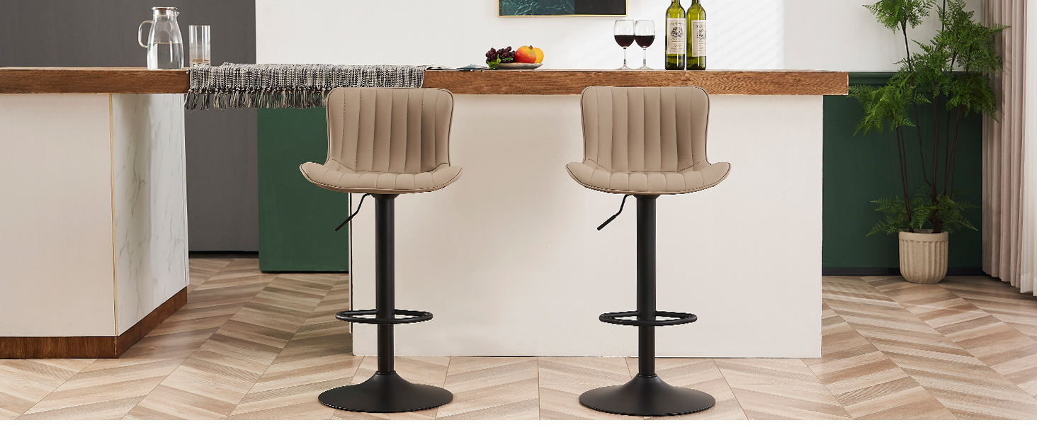 YOUNIKE Adjustable Bar Stools 2-Pack - Modern Kitchen Barstools with PU Leather Upholstery, Swivel Metal Bar Chairs for Counter/Island - Khaki Net Khaki