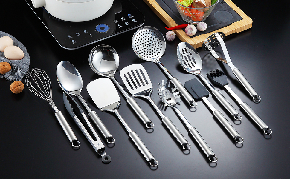 Набір посуду Berglander з нержавіючої сталі 7 предметів з підставкою, набір кухонних ложок, шумовка, половник, шумівка, ложка для пасти, ніж для картоплі Kt19a