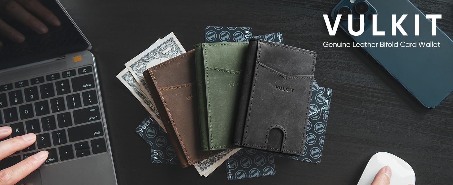 Чоловічий шкіряний картхолдер VULKIT з RFID захистом, чорний - Slim Wallet для 10 карт