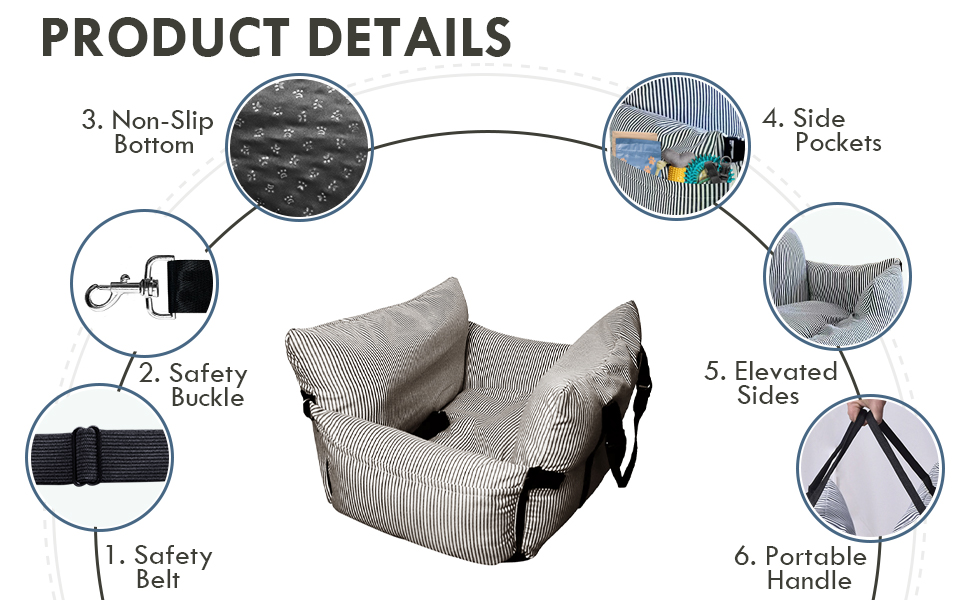 Автокрісло для собак маленьких та середніх порід до 18 кг, з ременями безпеки та кишенями для зберігання, антиковзаюча підкладка (морські смуги) (Коричневе, 76.2x52 см)