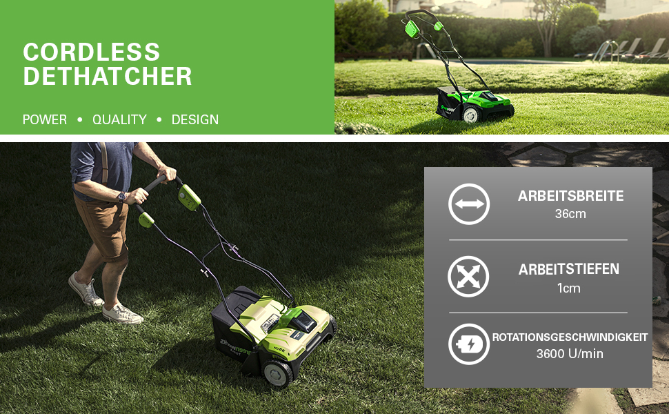 Акумуляторний аератор-скарифікатор Greenworks 40V, 36 см, 3600 об/хв, контейнер 30 л, без акумулятора та зарядного пристрою, 3 роки гарантії G40DT35