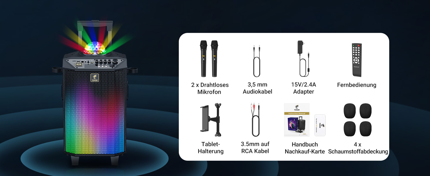 Караоке система TONOR K20 з 2 мікрофонами, Bluetooth, світлодіодна куля, для дому та відпочинку