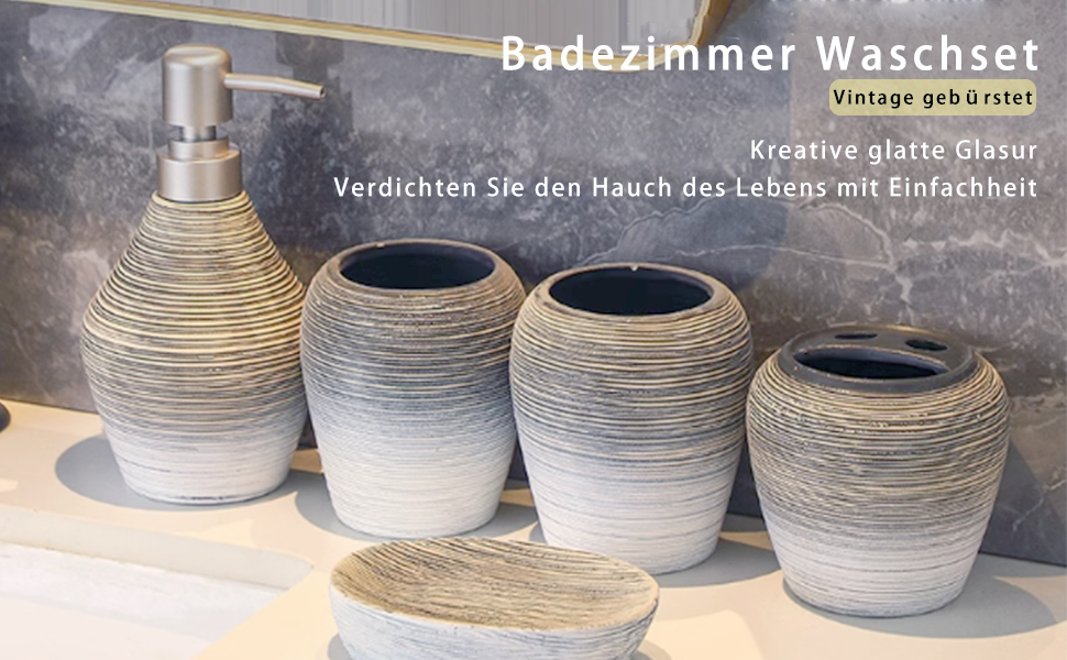 Набір аксесуарів для ванної кімнати в європейському стилі (5 шт.) з кераміки: дозатор для мила, тримач для зубних щіток, стакан, мильниця, сірники. Серія 'Retro', сірий, матовий.