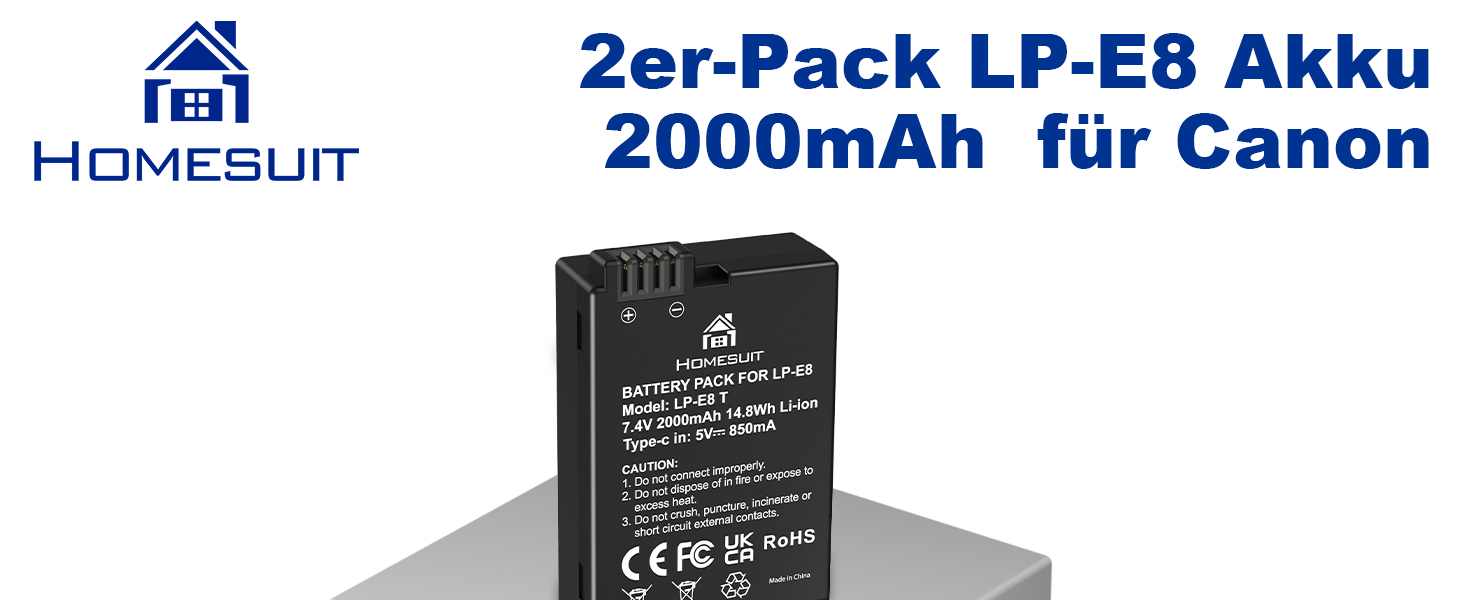 Акумулятор LP-E8 1800mAh Homesuit + LED зарядний пристрій для Canon EOS Rebel T2i T3i T4i T5i 600D 650D 700D Kiss X4 X5 X6 X6i X7i (2 шт. акумулятори + 1 зарядний пристрій)