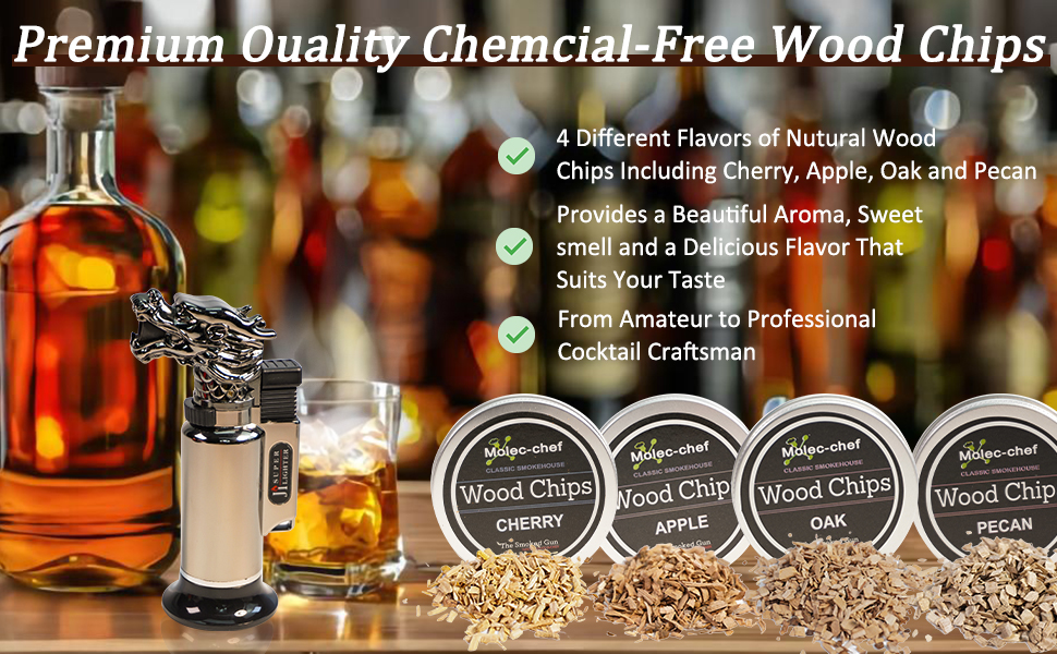 Набір для копчення коктейлів та віскі з 4 дерев'яними стружками, ретро-набір для створення димчастих напоїв, ідеальний подарунок для батька, чоловіка та любителів коктейлів