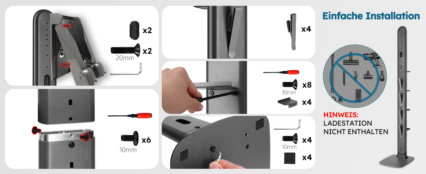 Підставка для пилососів Dyson G5, V15, V12, V11, V10, V8, V7, V6, металева з 4 гачками та 4 полицями, без свердління, стійка, підлогова, приховане кріплення кабелю, темно-сірий