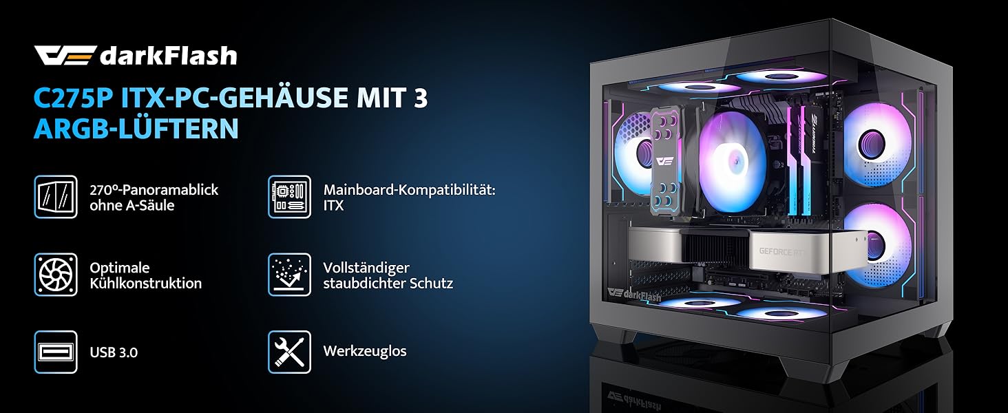 darkFlash C275P: ITX корпус для ПК з 3 RGB вентиляторами, міні-ПК, підтримка AIO 240 мм (білий/чорний)