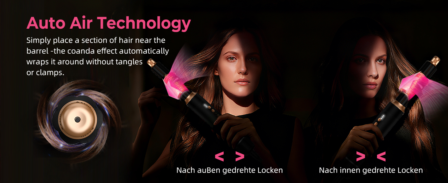 Atopskins 7-в-1 Airstyler: професійний набір для укладки волосся, 110000 об/хв, 1400 Вт. Фен-щітка, локон, випрямляч, іонізація. Для об'єму, сушіння та укладки. Чорний та золотий колір.