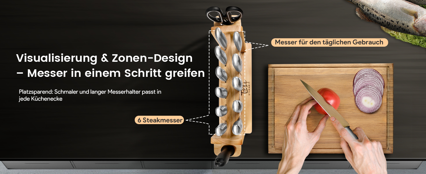 Набір кухонних ножів Messerset 7 предметів у японському стилі з магнітним блоком з акації, вуглецева сталь, нековзка ручка