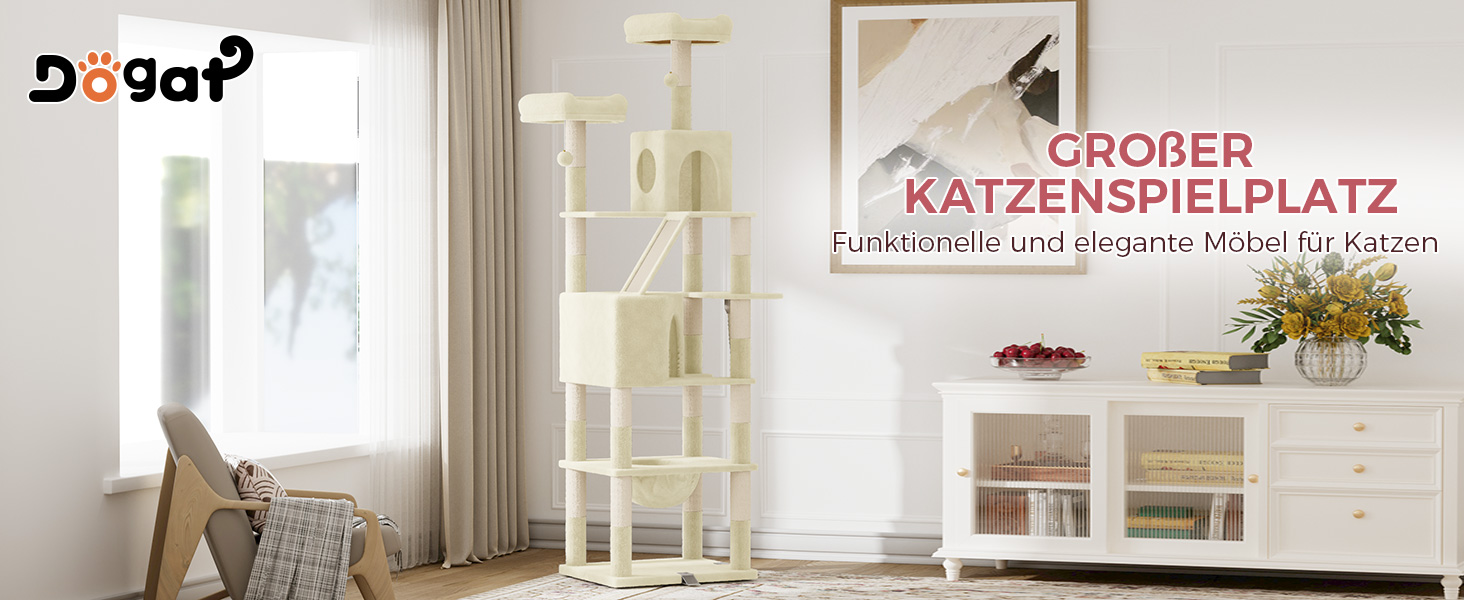 Великий котячий будиночок Kratzbaum 208 см з 3 анти-перекидною системою. Стабільний котячий будиночок XXL з 15 стовпчиками для дряпання, 2 платформами, 2 печерами, 1 рампою для дряпання та гамаком. Для великих котів (Бежевий)