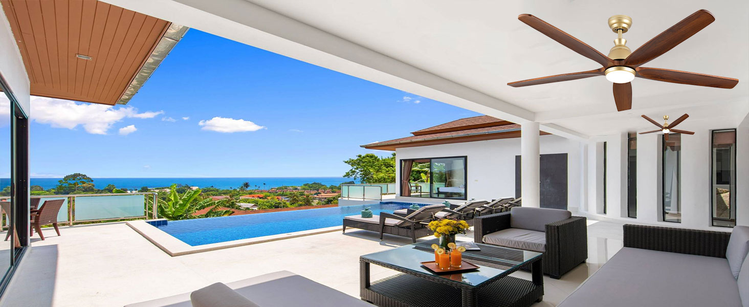 Дзеркальний вентилятор для стелі з дерева, без освітлення, з пультом керування, тихий, для вологого приміщення, 132 см (52 дюйми), коричневий, 5 лопатей