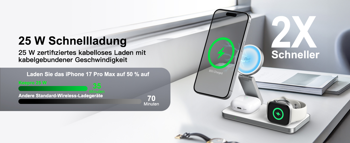 Бездротовий зарядний пристрій 25W MagSafe 3-в-1, складна станція для iPhone 17e/17/16/15/14/13/12/Air, Apple Watch та AirPods Pro (Білий)