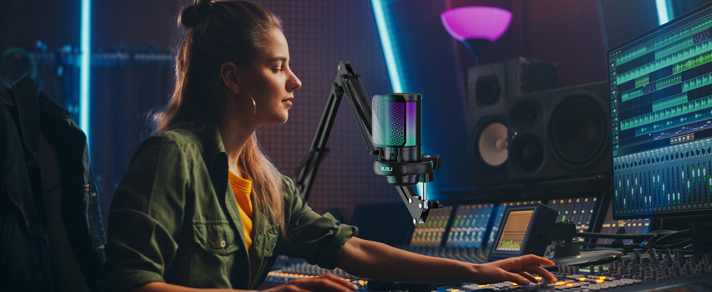 Мікрофон для комп'ютера NJSJ Gaming з тримачем, USB для PC, MAC, PS4/PS5: з кнопкою вимкнення звуку, навушниками, поп-фільтром, конденсаторний кардіоїдний для стрімінгу та подкастів (Чорний)