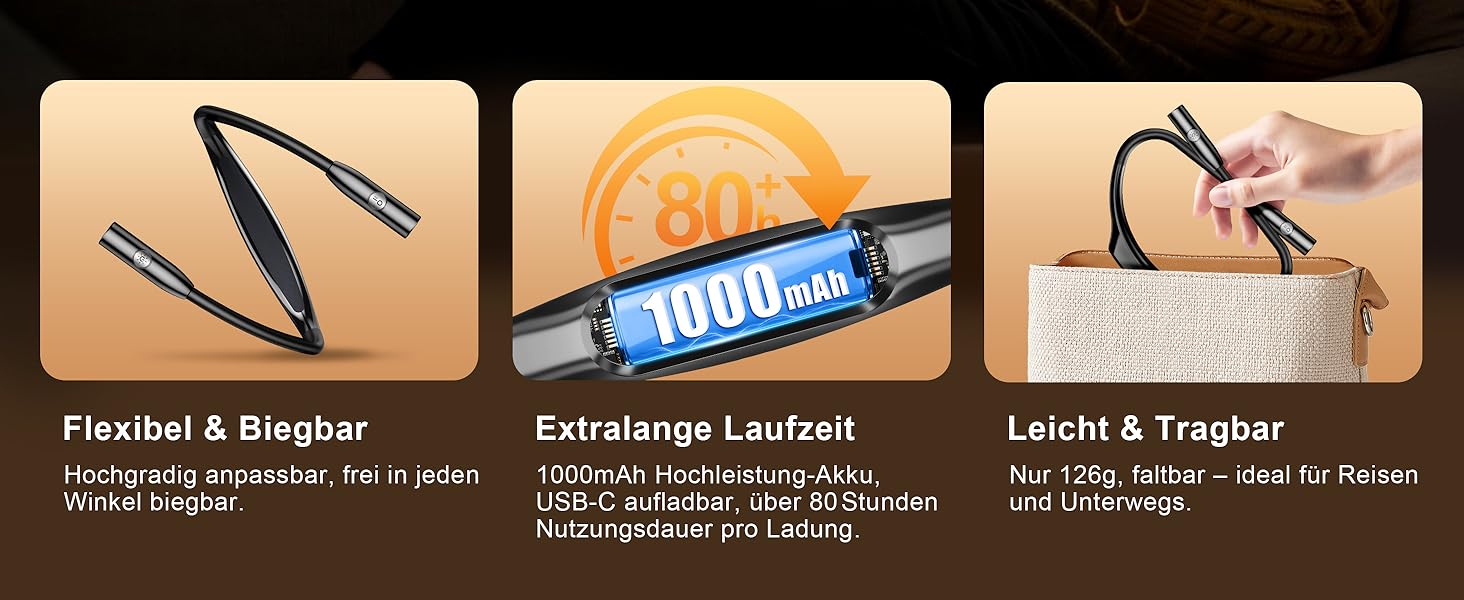 Ліхтар на шию Gritin для читання, ліхтар на ліжко з регулюванням яскравості та 3 режимами освітлення, LED лампа для книг 80 годин, гнучкий, чорний