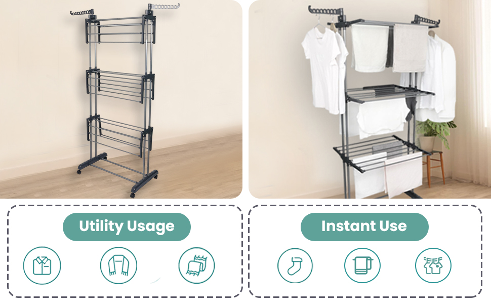 Сушарка для білизни, 4 яруси, сіра, складана, регульована, велика, нержавіюча сталь, для дому та вулиці, зі складними крилами