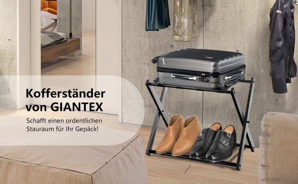 GIANTEX Folding Luggage Rack, 2-Tier, 68 x 43 x 58 cm, Luggage Stand, Metal Luggage Rack, Space-Saving, Luggage Rack for Bedroom, Guest Room, Hotel, Black (2 Pieces, Black)