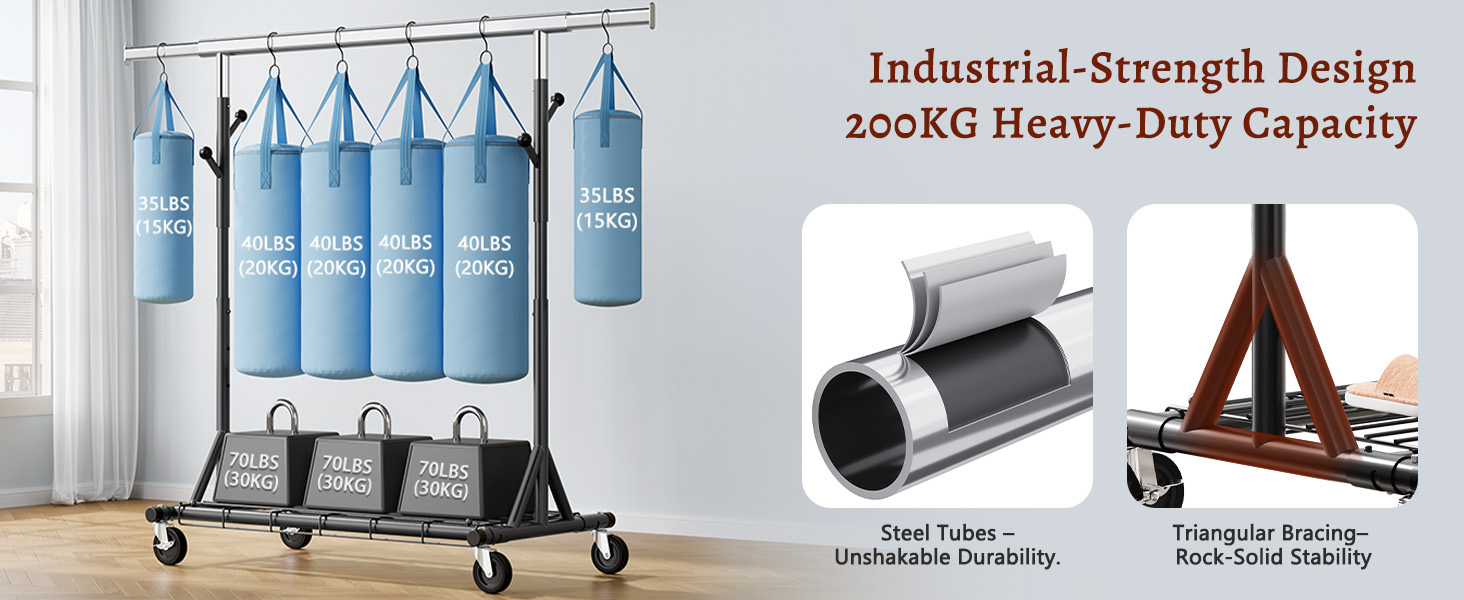 Легкий мобільний вішак для одягу на колесах FAVOOOSTY, металевий, до 200 кг, чорний, 1 стяжка