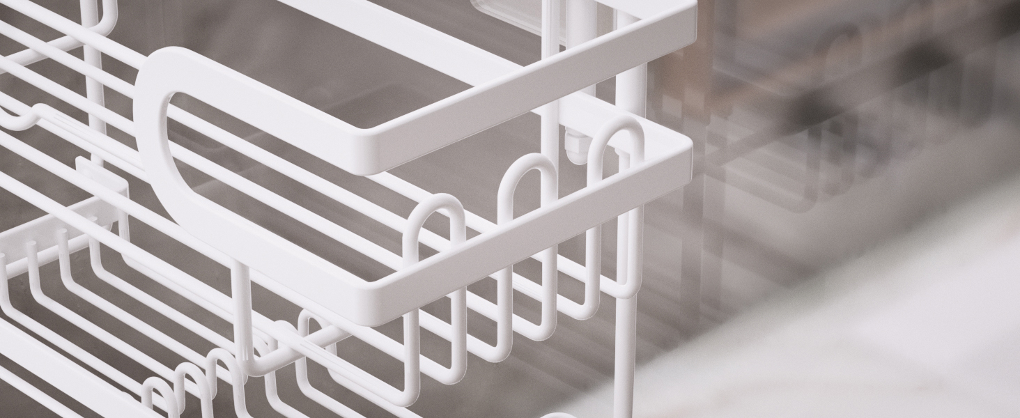 Настінна поличка для душу SWTYMIKI з 2 кошиками та 2 мильницями, з нержавіючої сталі, 14 гачків, білий колір