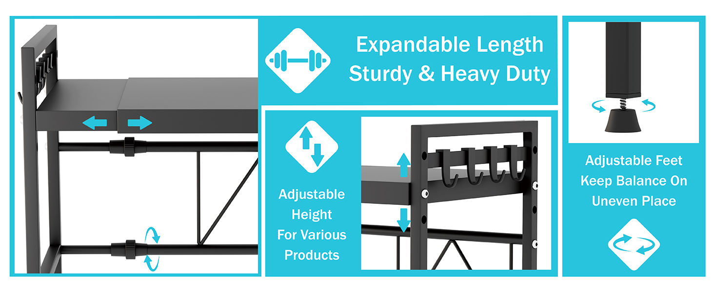 Регульована полиця для мікрохвильової печі, 2-рівнева, розширювана, металева, з 8 гачками, чорна