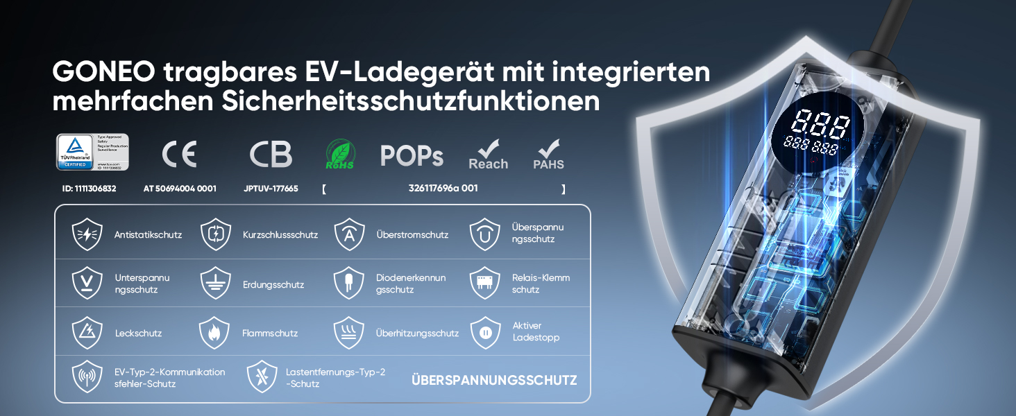 Кабель для електромобіля GONEO Typ 2 Schuko, 10м, 16A, 3.68 кВт - Портативна зарядка з захистом FI, автоматичним заземленням та контролем температури, таймер для електромобіля, сертифікат TÜV
