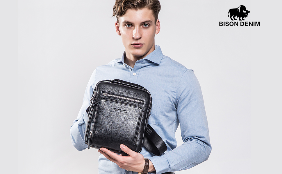 Чоловіча сумка через плече BISON DENIM з натуральної шкіри, чорна: ретро, casual, бізнес