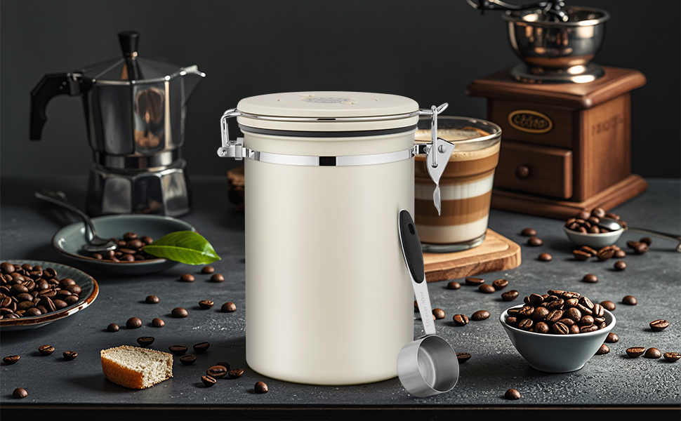 Пластиковий контейнер для кави 1 кг з дозатором, датою та мірною ложкою, 2.8 л, нержавіюча сталь, для кави, чаю, горіхів, какао (Бежевий)