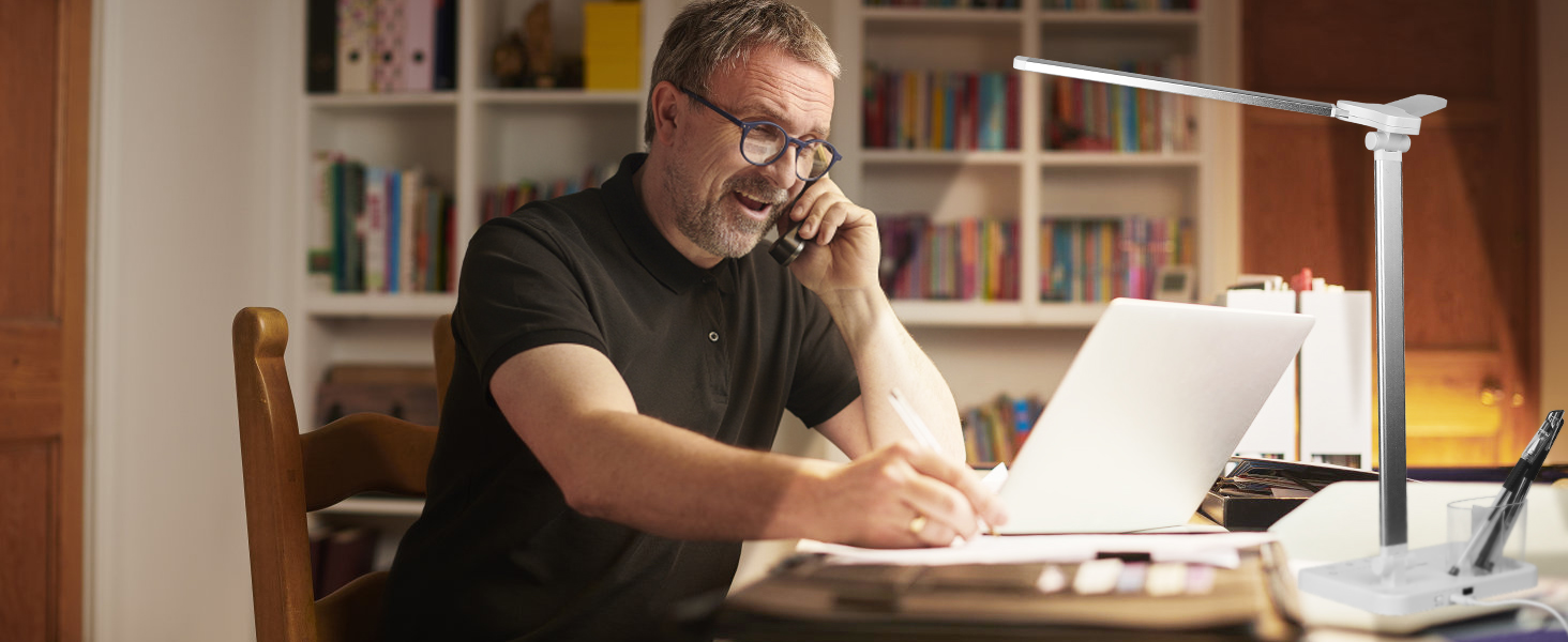 iVict LED лампа для столу з двома шарнірними руками, сенсорне керування, 5 режимів, таймер, USB-порт, пам'ять, для дітей, біла