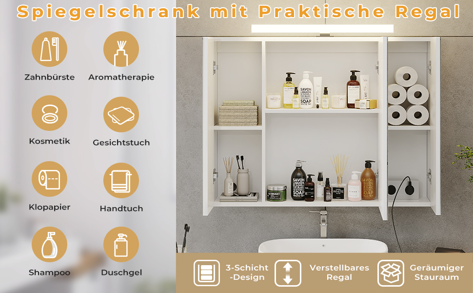 Шафа-дзеркало для ванної кімнати DICTAC з LED-підсвічуванням, розеткою та вимикачем світла (80x16x60 см), 3 дверцята, білий колір