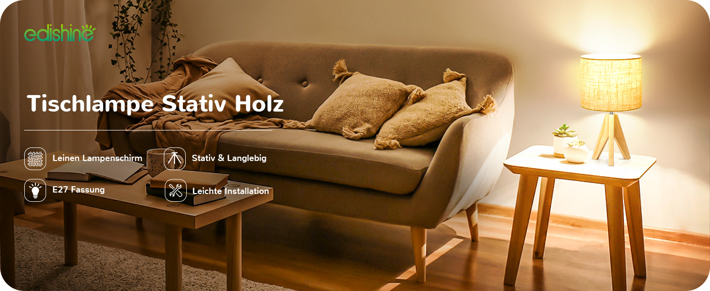 Настільна лампа EDISHINE з дерева, Е27, вінтажний стиль, бежевий абажур з льону, для спальні та вітальні