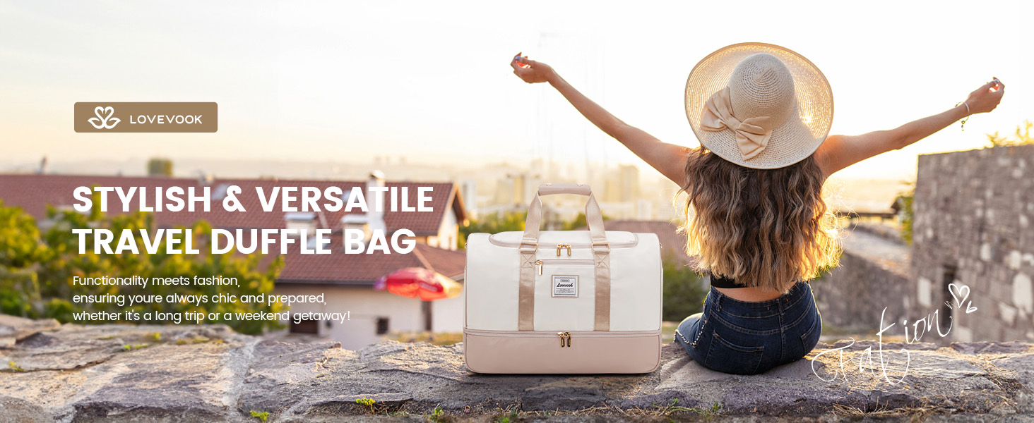 Сумка-мішок LOVEVOOK для подорожей, 37L, жіноча, для ручної поклажі, weekender, з органайзером для косметики, відділенням для взуття та вологонепроникним кишеням, водонепроникна спортивна сумка, пляжна сумка, для відпочинку, авіаперельотів, кемпінгу, M, Khaki-beige