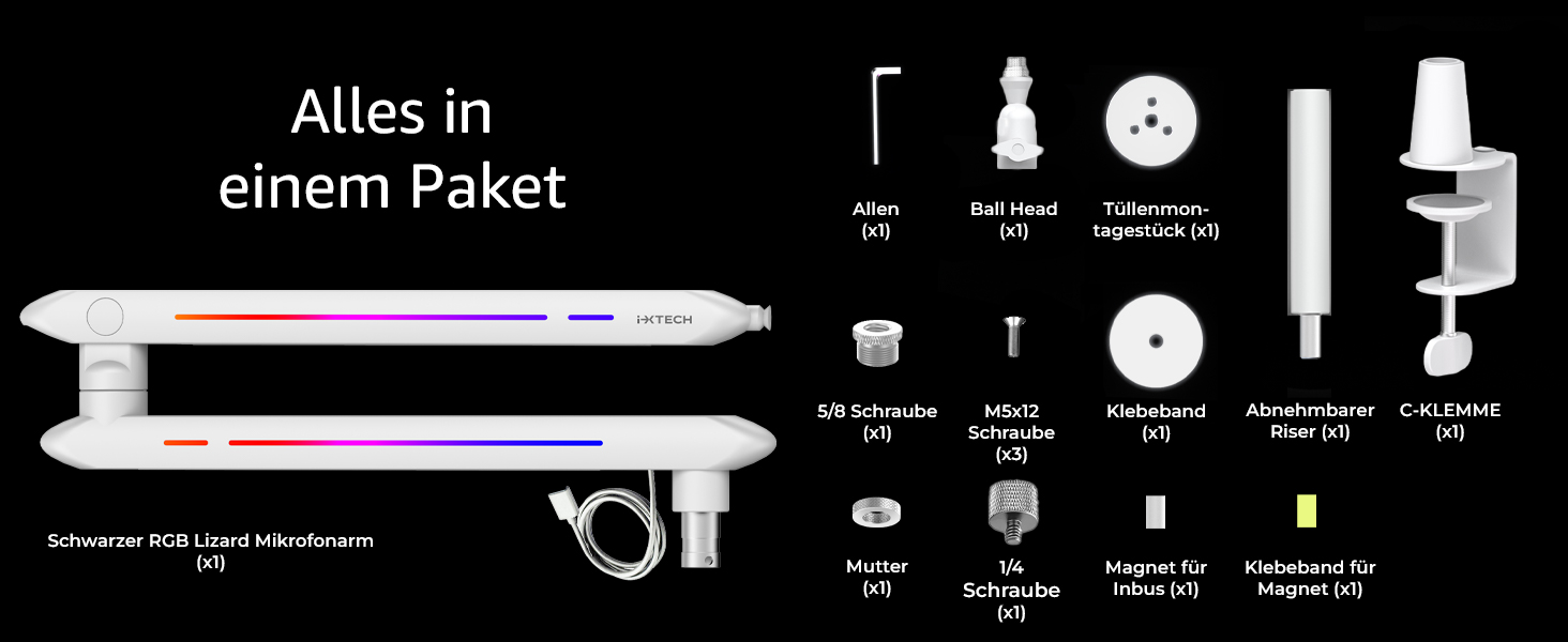 Підставка для мікрофона IXTECH RGB з низьким профілем, регульована, з кріпленням для столу та кабельною організацією, для стрімінгу та подкастів (5 ящірок RGB)
