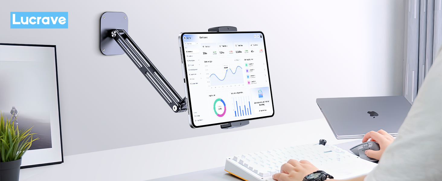 Настінний тримач для планшета та смартфона Lucrave, алюмінієвий висувний кронштейн з обертовою базою 360°, складаний, для iPad Pro Air Mini, Samsung Galaxy Tab та пристроїв 4.7-13 дюймів (Чорний, Extra-Long)