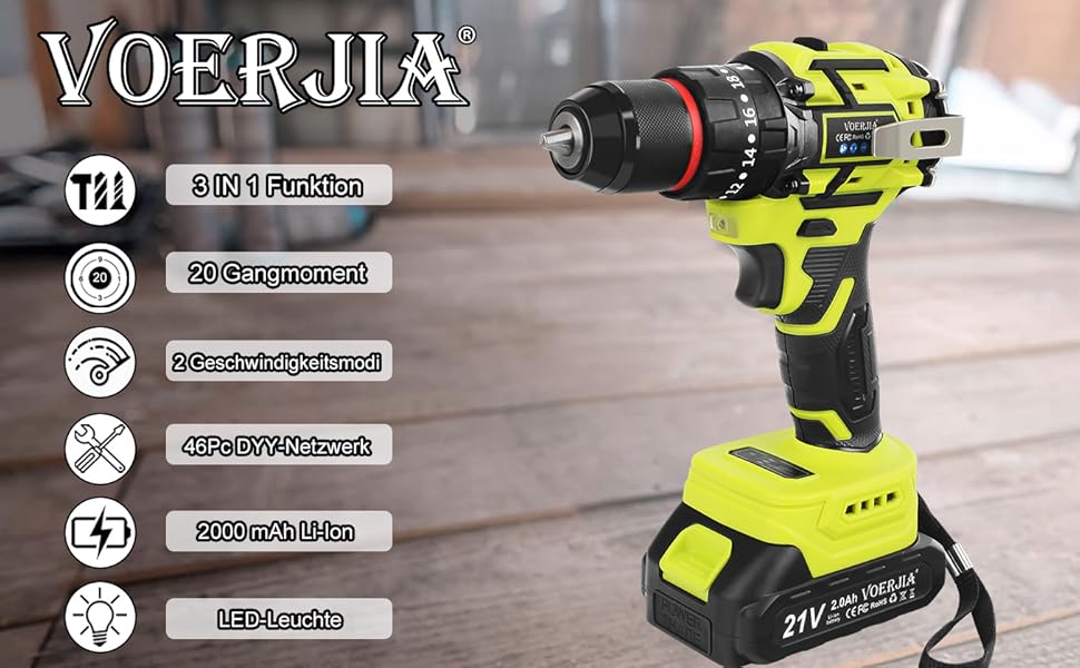 Акумуляторний шуруповерт 21V з набором 46 предметів: безщітковий дриль-шуруповерт, 2 акумулятори 2000 mAh, патрон 3/8', 20+3 ступені крутного моменту, до 65 Н.м, LED-ліхтар, 2 швидкості, аксесуари для електроінструментів