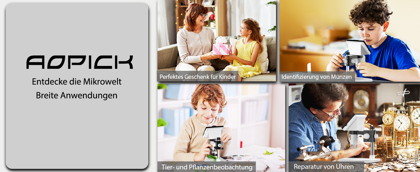 Цифровий мікроскоп AOPICK з LCD екраном, 50X-500X, 4.3 дюйми, 1080P, USB, 8 LED, для дорослих/дітей, сумісний з MacOS Windows (білий)