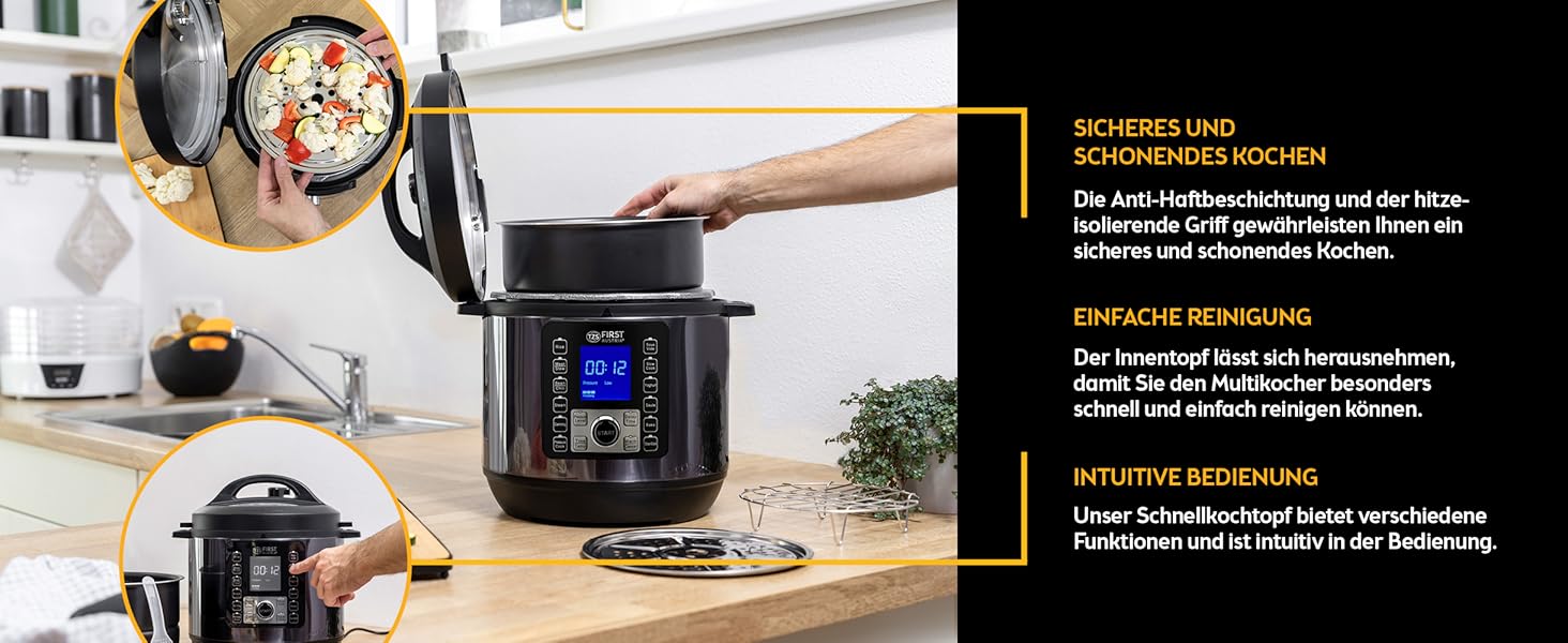 TZS First Austria Electric Pressure Cooker 6L | Multi-Cooker | 12 Programs Pressure Cooker | Rice Cooker | Steamer with Keep Warm Function, Grey-Black Stainless Steel Grey/Black