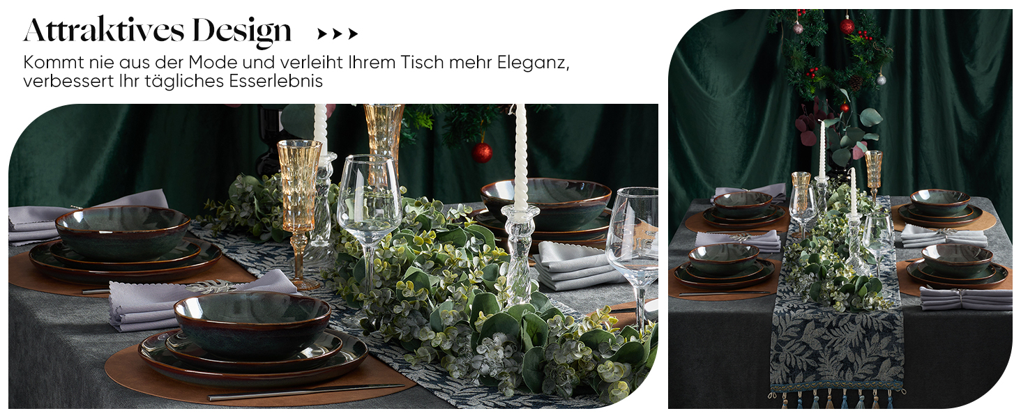 Набір посуду на 6 осіб Onader, 18 предметів: тарілки для сніданку, десерту та обіду, стегонна посуд, мікрохвильова піч, реагуючий мох зелений