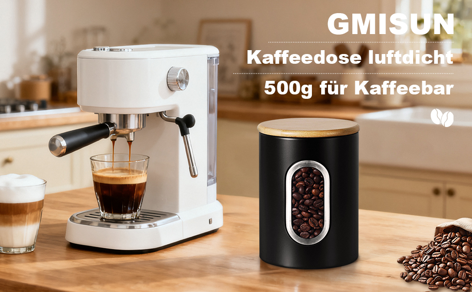Герметична кавова банка Gmisun, 500г / 1,5л: для кавових зерен, меленої кави, капсул та паді, чорного кольору