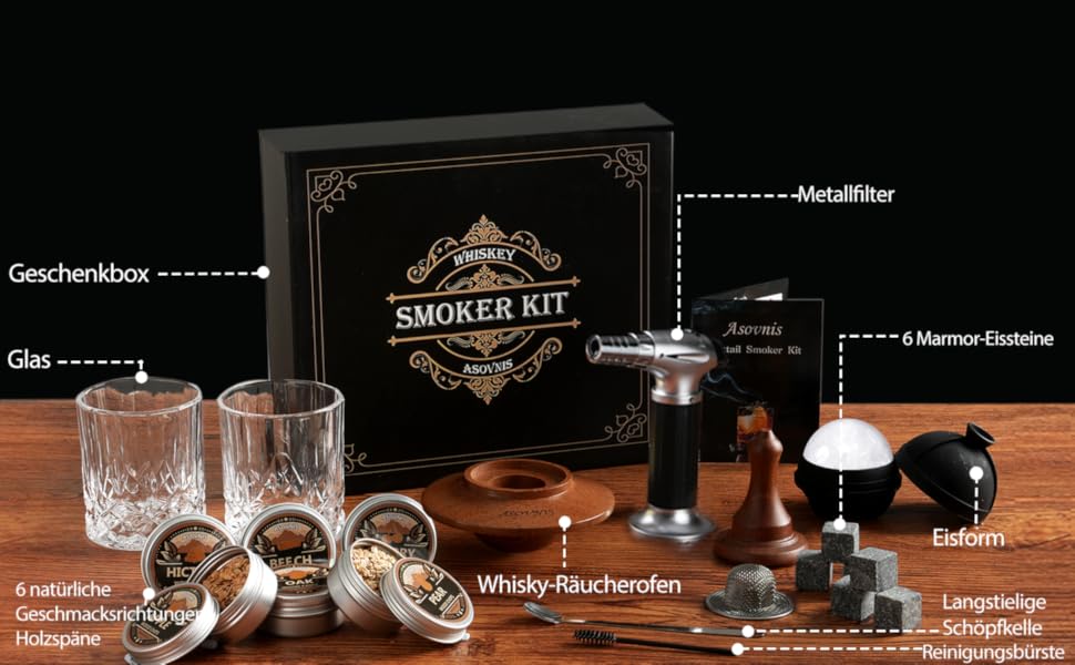 Набір для копчення віскі з факелом: 6 смаків, дерев'яні тріски, 2 склянки, 6 контейнерів для віскі, коктейльний набір для копчення, набір для копчення напоїв, подарунок на день народження для любителів бурбону (без бутану)