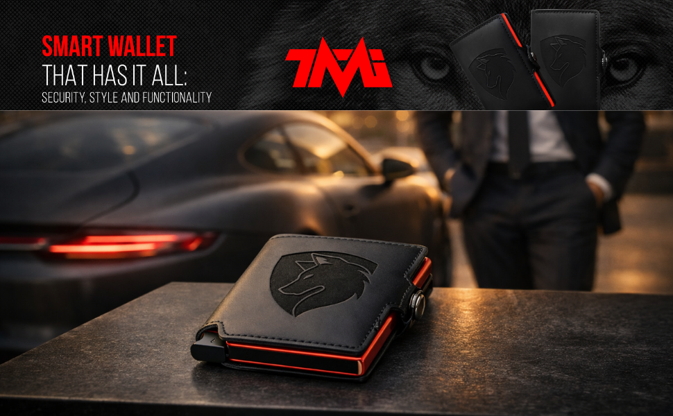 Чоловіче шкіряне портмоне для карток з RFID захистом та системою GripLock®, NFC, автоматичний висувний картхолдер, для 6-12 карток, чорний/червоний