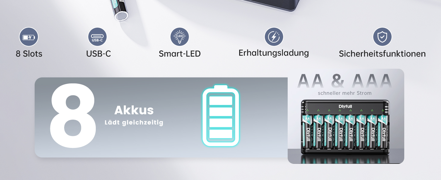 Зарядний пристрій Dlyfull для акумуляторів AAA/AA, 8-канальний зарядний пристрій з LED-дисплеєм, 5V/2A USB-C, для NI-MH/NI-CD, чорний