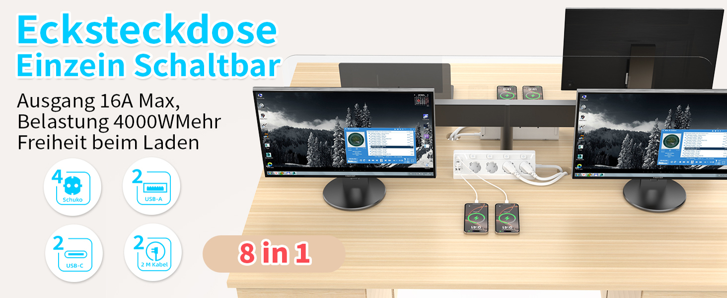 Многофункціональна мережева розетка з USB-C та захистом від перенапруги, 6 розеток, 2м кабель, 4000W, 16A, для кухні, дому, офісу (білий)