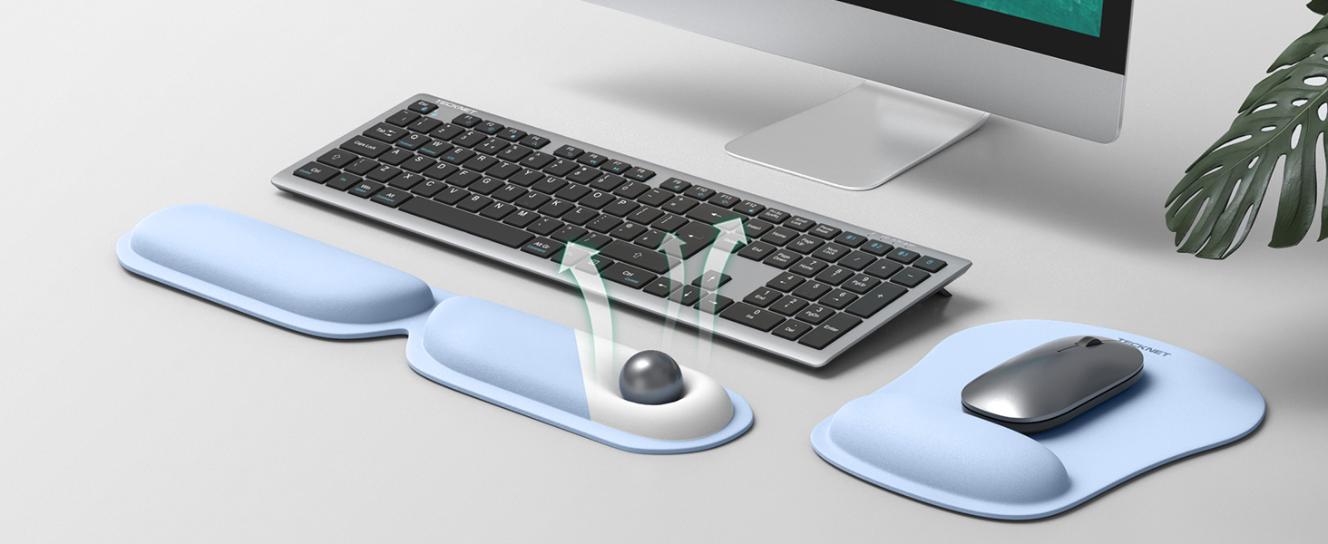 Підставка для зап'ястя TECKNET для клавіатури 43 см з Memory Foam 70D, ергономічна, проти болю в зап'ясті, для ПК, ноутбука, геймінгу (складний набір, блакитний)