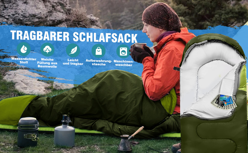 Сплячий мішок 3-4 сезони, водонепроникний, ультралегкий, для дорослих та дітей, 220*75см (Зелений)