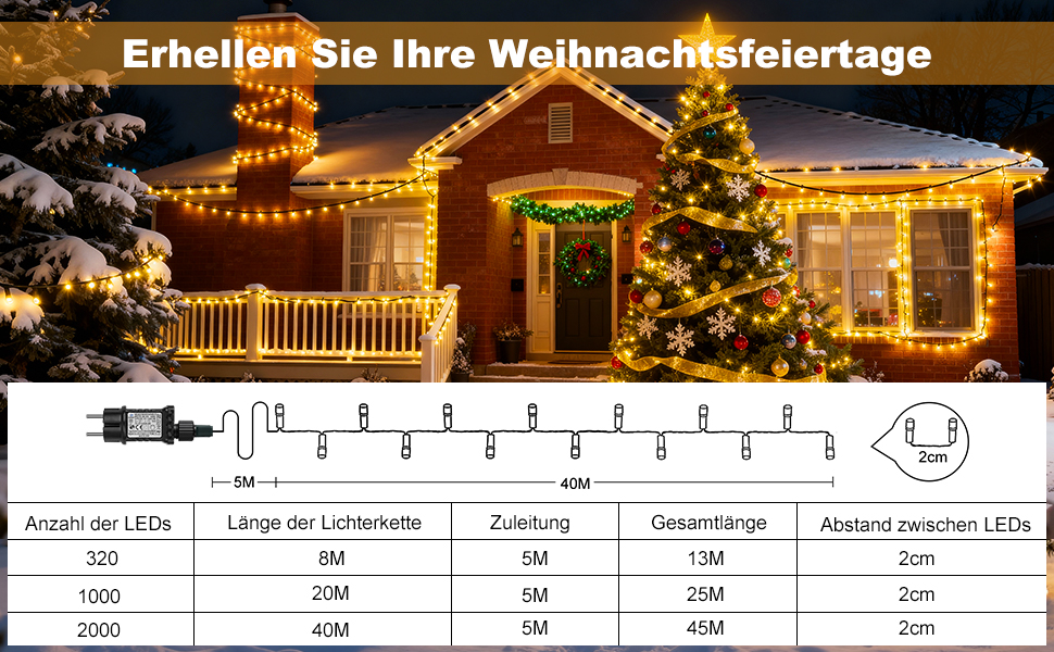 LED гірлянда для декорування приміщень та саду: 20 метрів, 1000 LED, 8 режимів, таймер, вологостійка, тепле світло. Підходить для ялинки, балкону, весілля та створення святкової атмосфери.