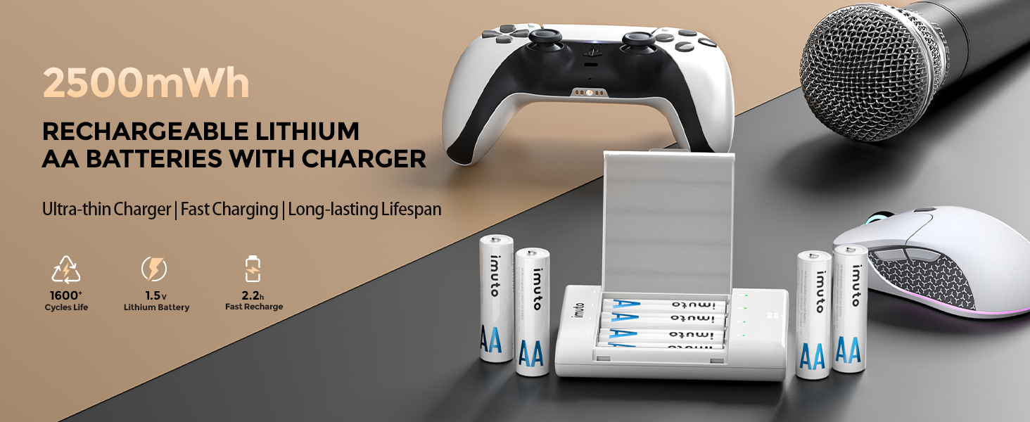 Imuto Акумулятори Li-Ion AA 2500mAh, 8 шт. з зарядним пристроєм, 1.5V, 1600+ циклів, низький саморозряд, 4CH8AA-2500DE