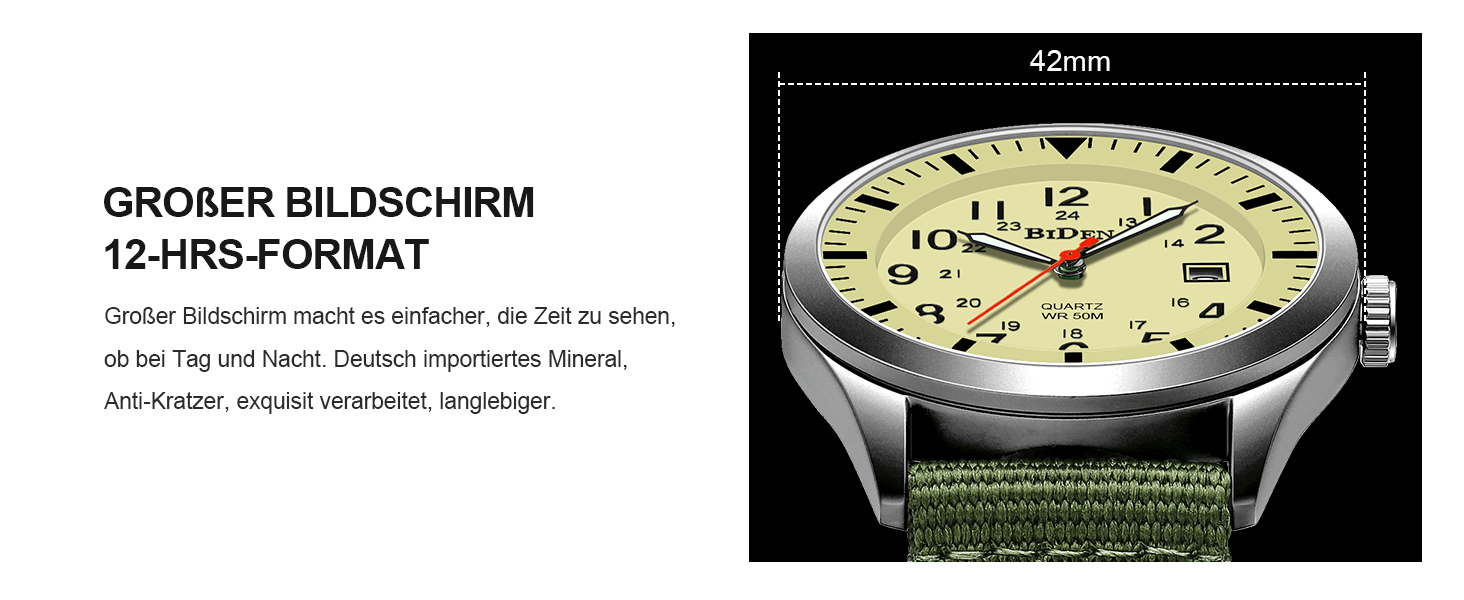 HANPOSH Годинник чоловічий військовий тактичний з датою, водостійкий 3ATM, кварцовий (зелений, срібний, жовтий)