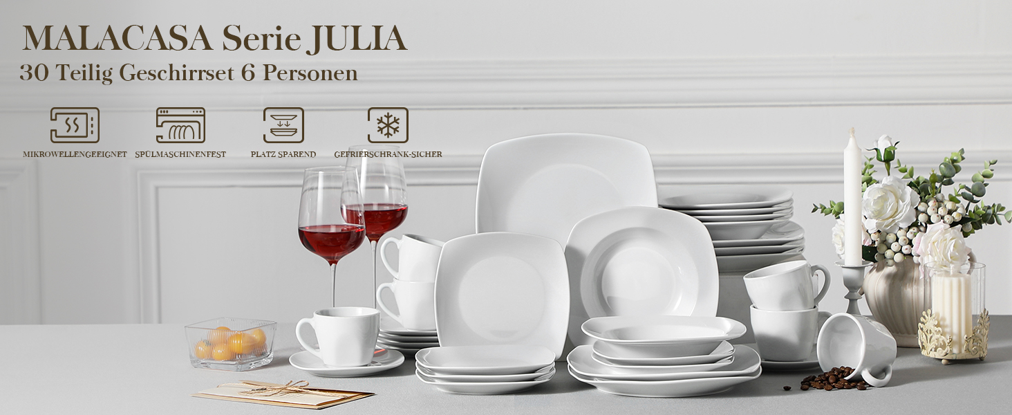 MALACASA Комплект посуду Julia, 60 предметів, кераміка, для 12 осіб. Тарілки, чашки, супові тарілки, десертні тарілки, підставки - повний сервіз